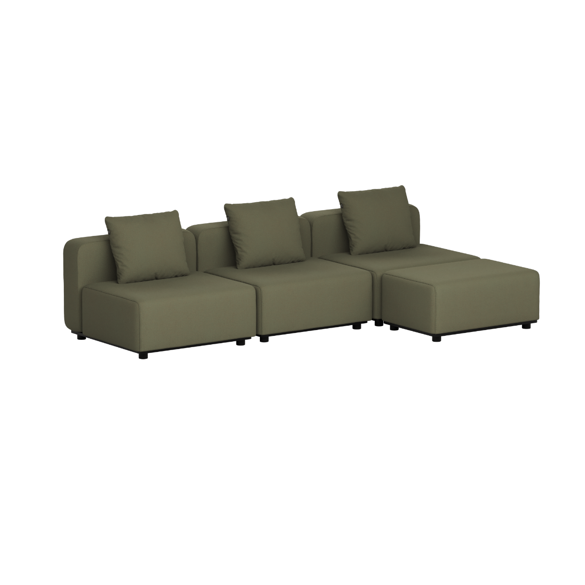 sackit three seat outdoor lounge sofa in olive green with three cushions and modular Scandinavian design for gardens terraces and Nordic weather