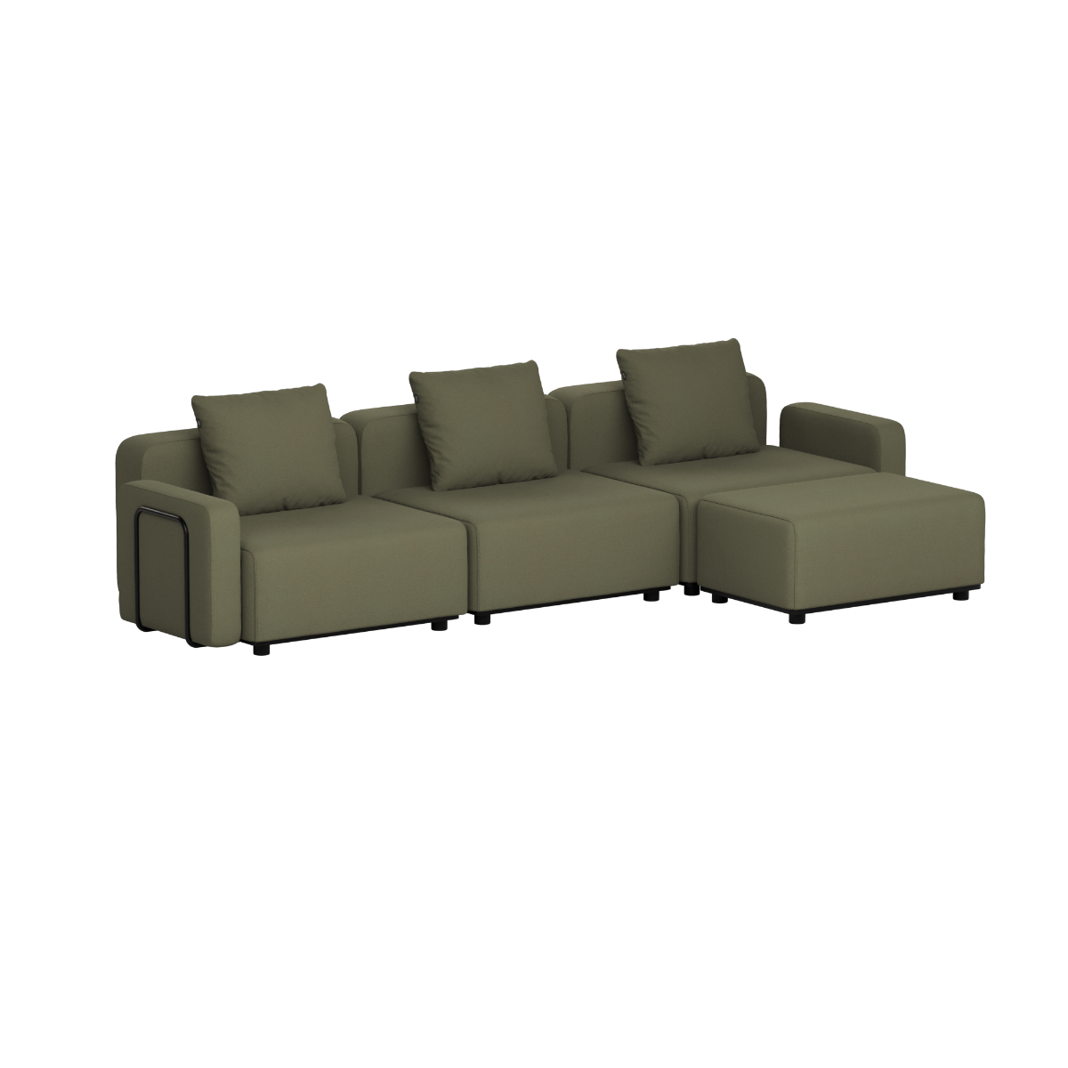 Olive green modular three seat outdoor lounge sofa with clean Scandinavian lines and plush cushions for relaxed garden and terrace seating by sackit
