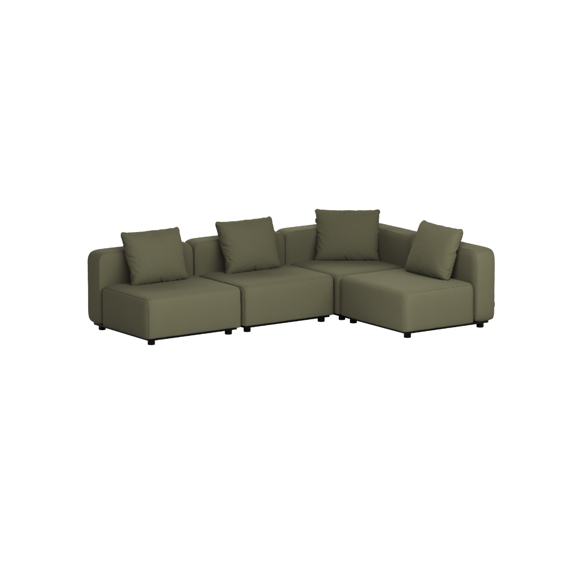 Olive green four seat modular corner lounge sofa with five cushions shown against a plain background by sackit Europe