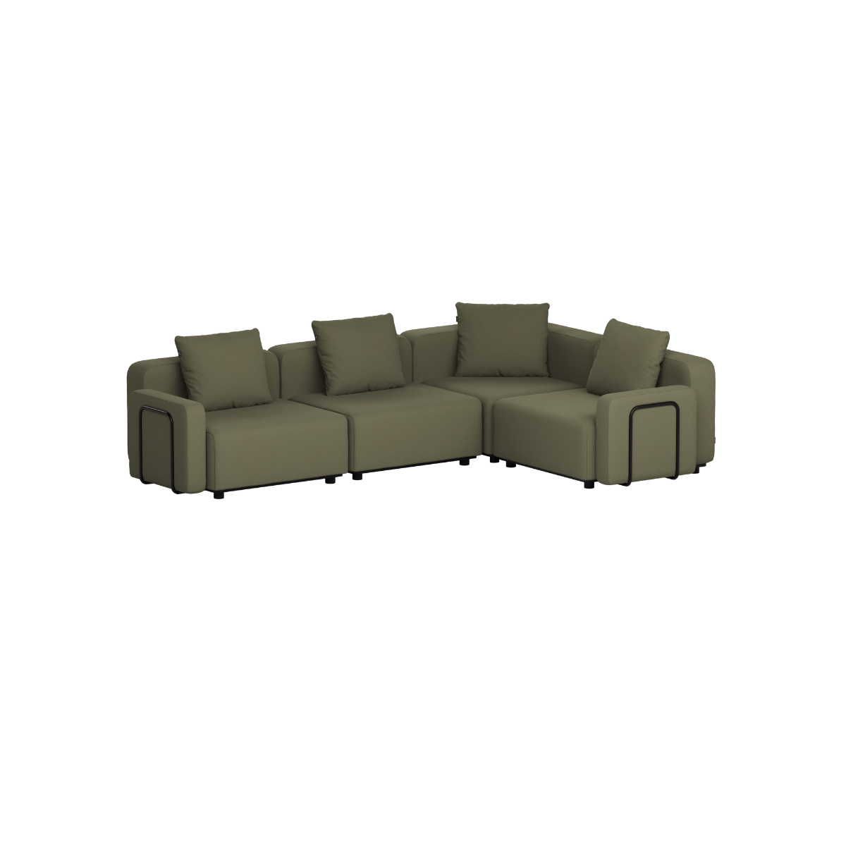Olive green four seater corner outdoor sofa with plush cushions and clean Scandinavian lines by sackit designed in Denmark for gardens terraces and Nordic weather