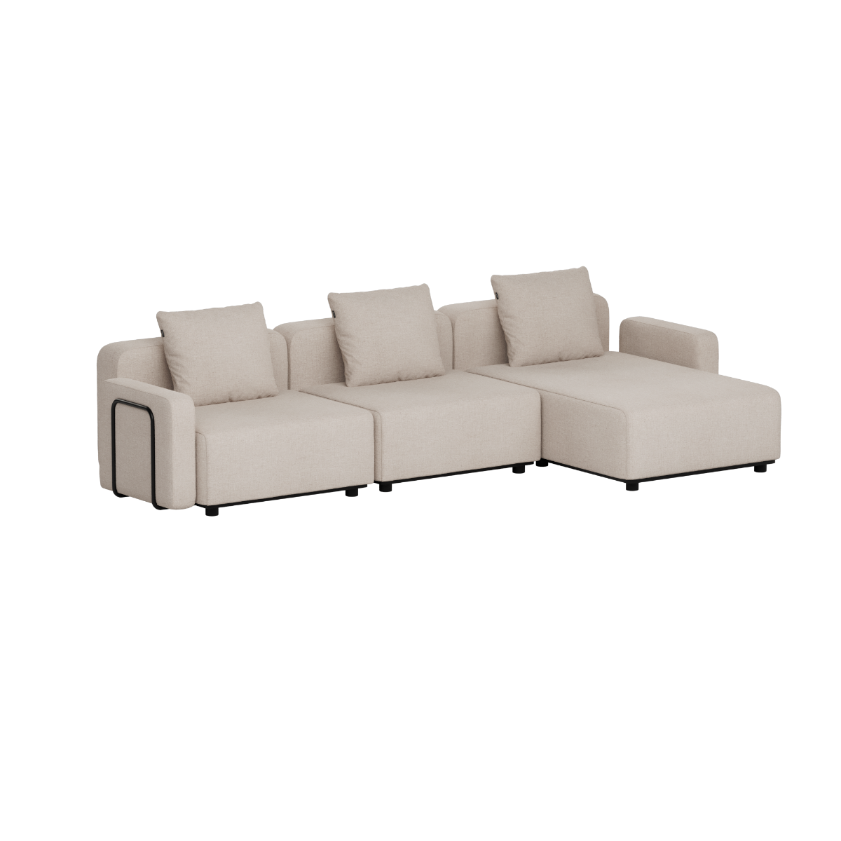Beige modular outdoor chaise lounge sofa with three seats and cushions, clean Scandinavian lines, designed in Denmark by sackit for Nordic weather