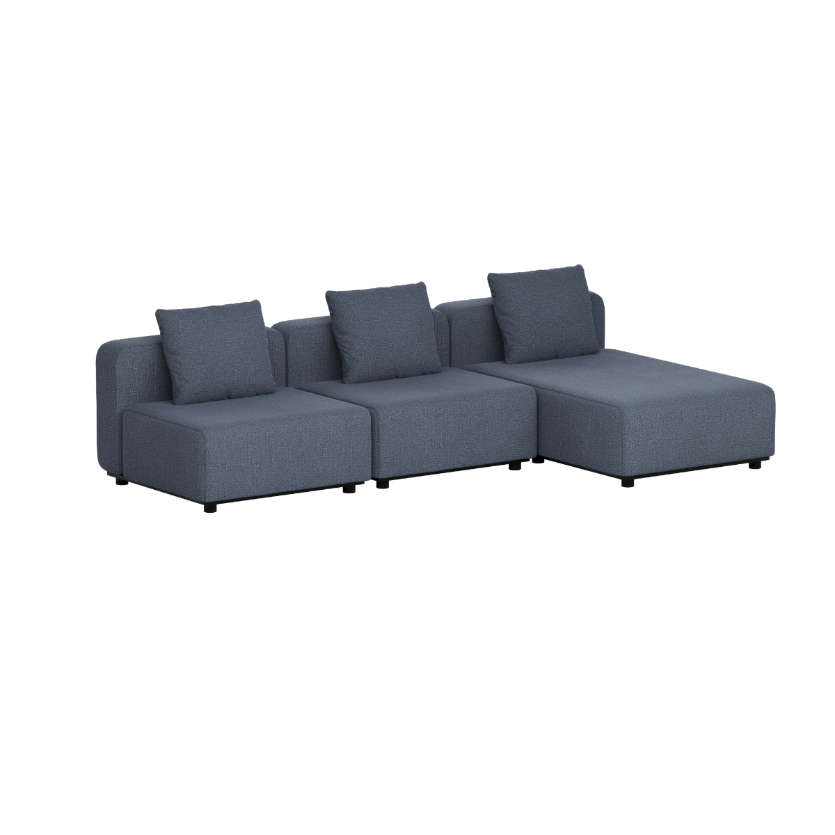 Dark gray modular outdoor chaise sofa with three seat cushions and four back cushions by sackit designed in Denmark for Nordic weather