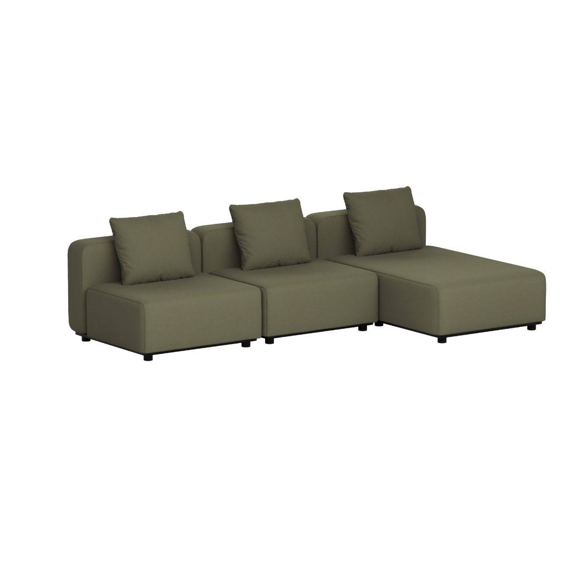 Olive green modular outdoor lounge sofa with three back cushions and a spacious chaise designed in Denmark by sackit for Nordic weather