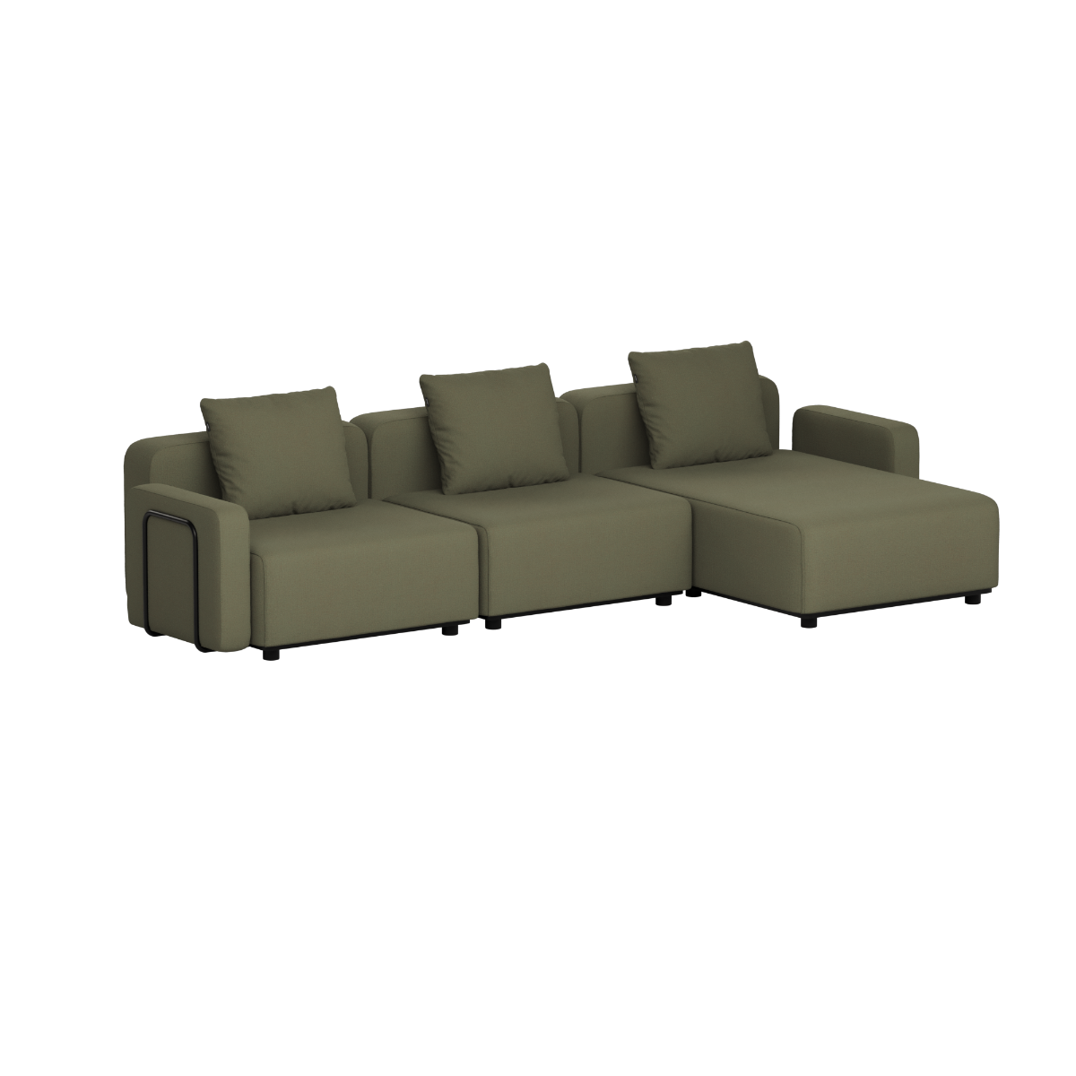 Olive green modular outdoor chaise sofa with three seats and back cushions designed in Denmark by sackit for comfortable Scandinavian garden lounging