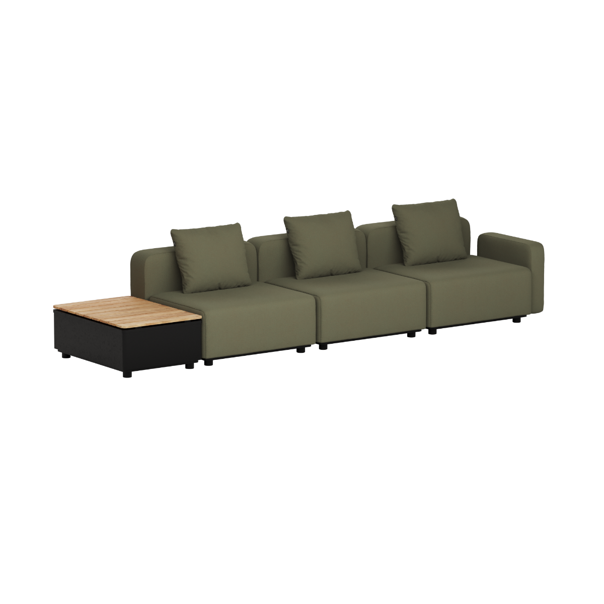 Olive green three seat modular outdoor sofa with cushions and an attached teak patio storage table by sackit for Scandinavian gardens and terraces