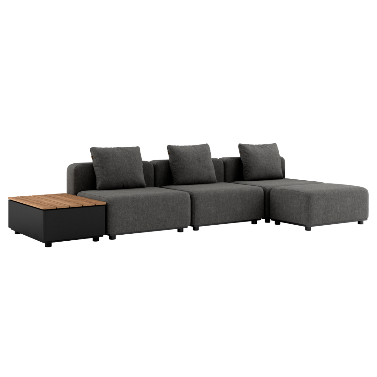 Cobana Grey 3-seater outdoor lounge sofa with pouf, aluminum frame and cushions, no armrest.