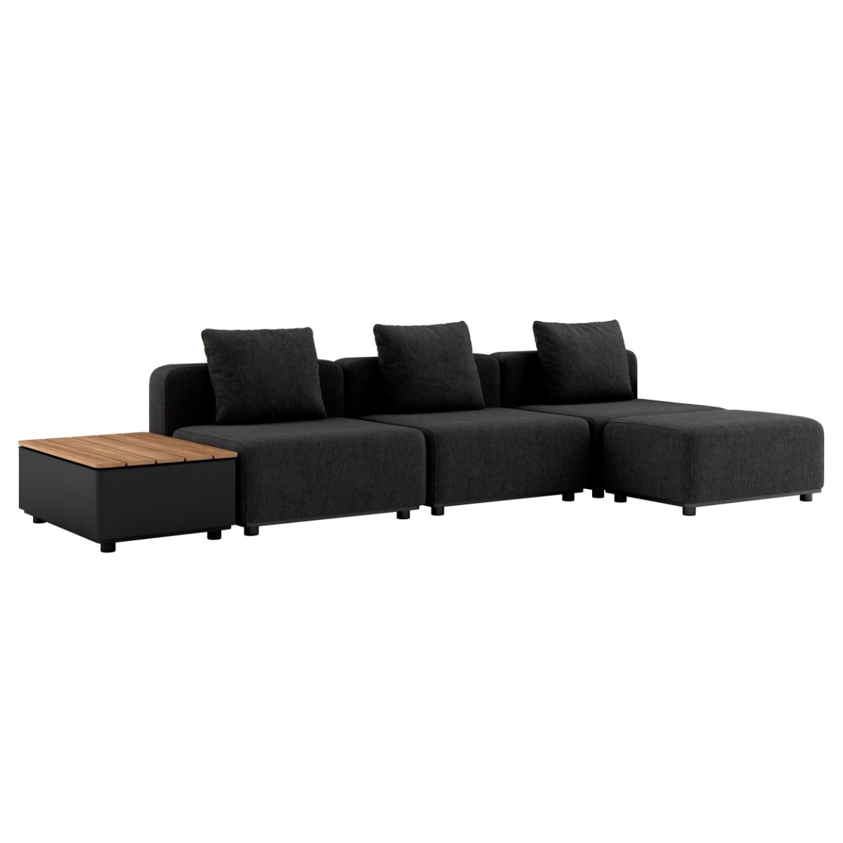 Black Cobana Lounge Sofa 3-seater with pouf and patio storage table in outdoor setting