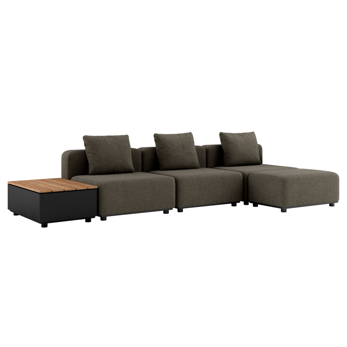 Cobana Lounge Sofa in Cobana Brown with three seats, pouf, and patio storage table in outdoor setting