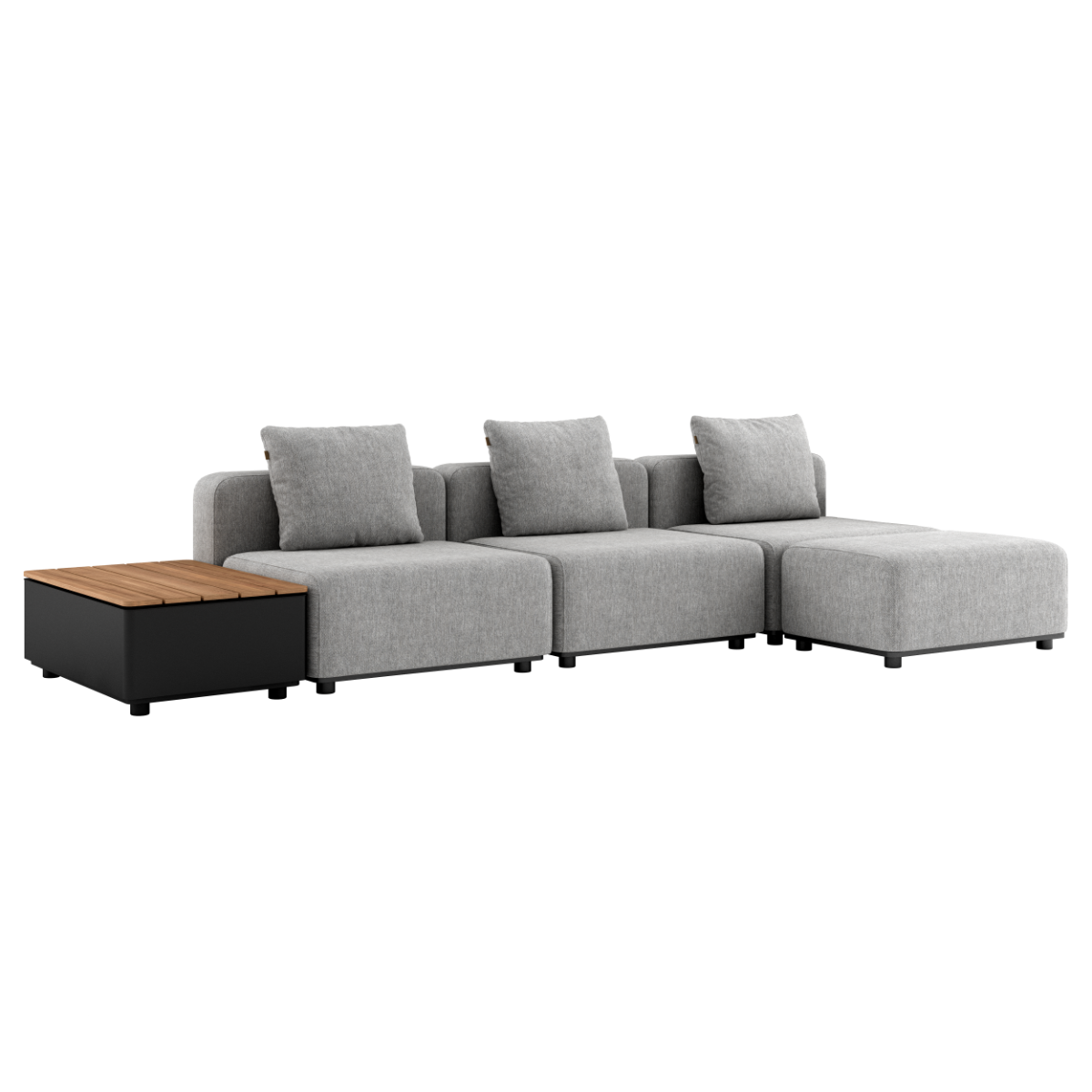 Cobana Lounge Sofa in Cobana Sand Melange with three seat modules, pouf, and patio storage table outdoors