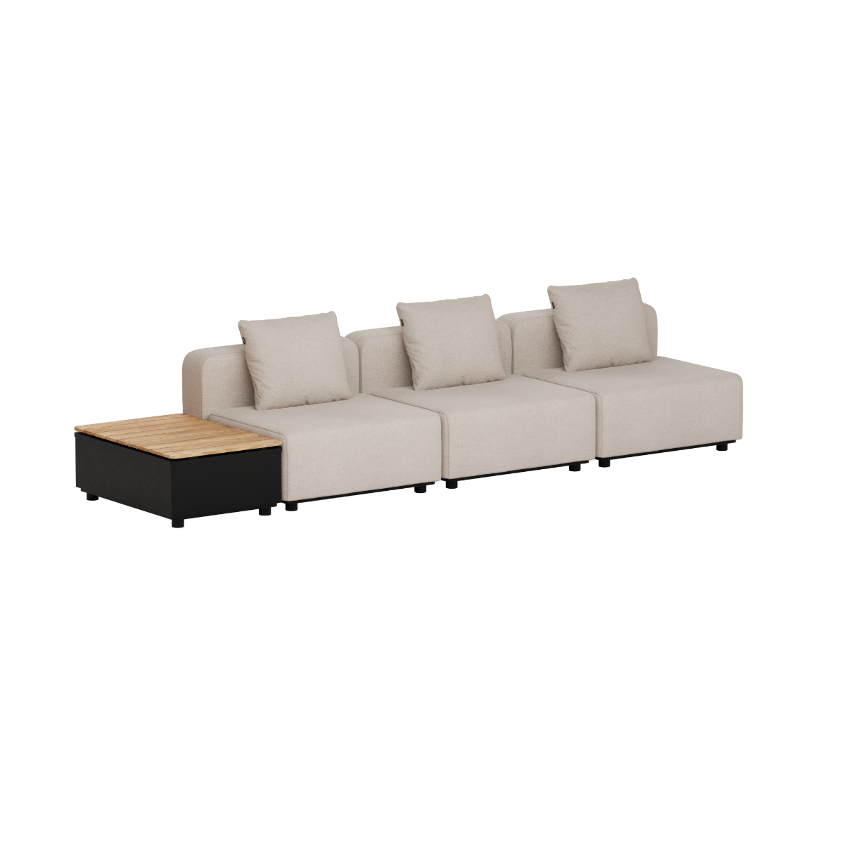 Three seat outdoor lounge sofa with beige cushions and integrated teak patio storage table by sackit for Scandinavian gardens and terraces