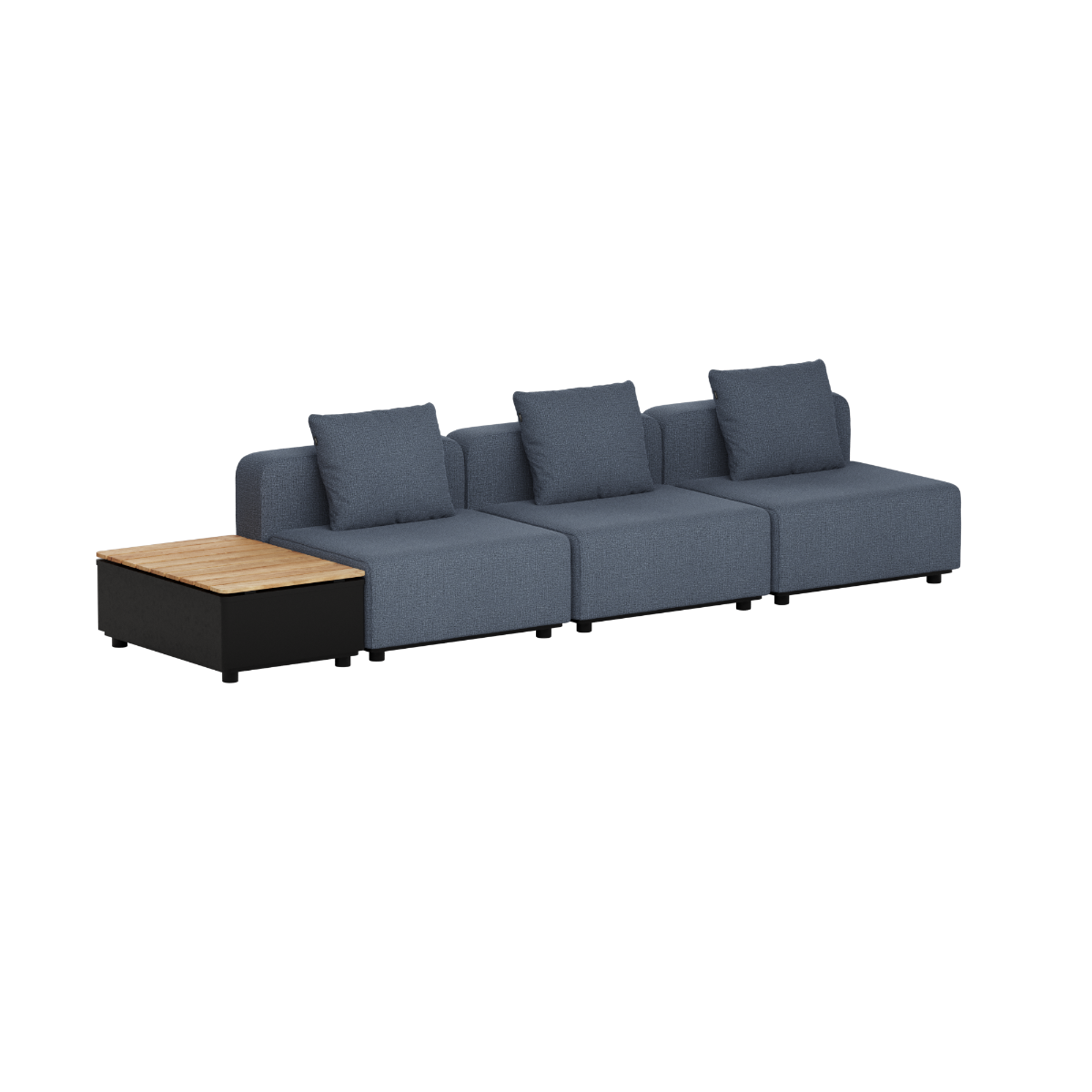 sackit Cobana outdoor lounge sofa with three seats and an attached teak patio storage table in dark grey Scandinavian design