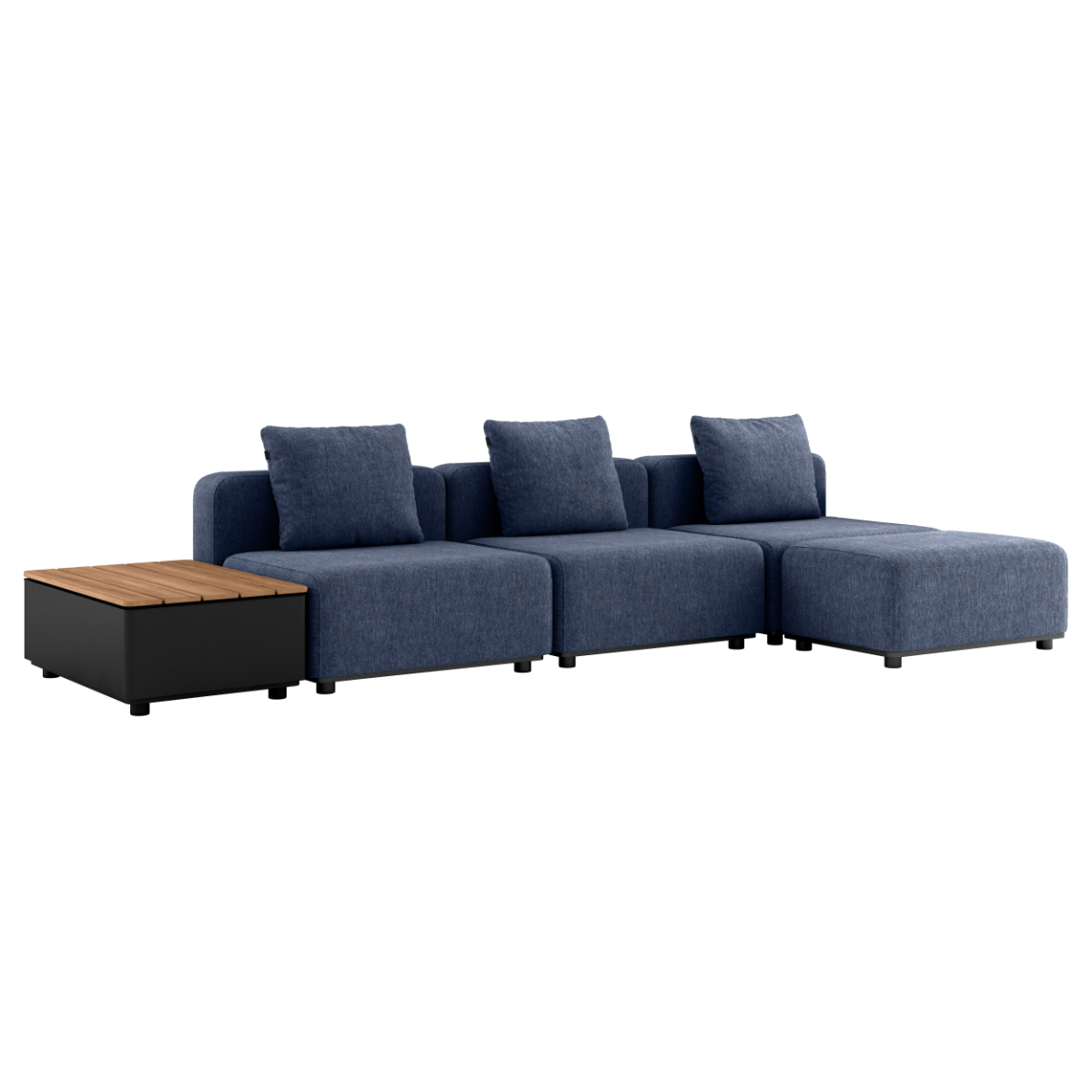 Cobana Lounge Sofa 3-seater in Kirra Indigo with pouf and patio storage table in outdoor setting