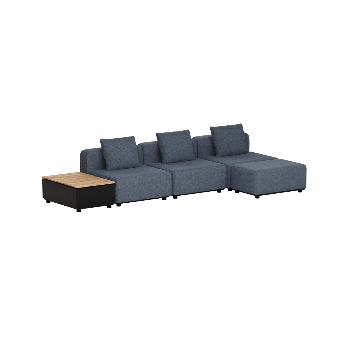 Dark grey modular outdoor lounge sofa with three back cushions and a chaise beside a slatted teak patio storage table from sackit