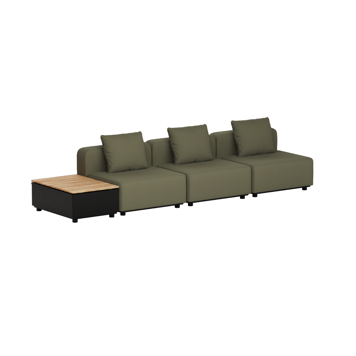 Olive green three seat outdoor lounge sofa with cushions and a teak topped patio storage table from sackit for Scandinavian garden seating