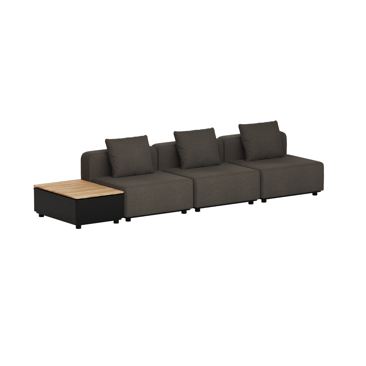 Dark gray modular outdoor lounge sofa with three seat sections and cushions plus an attached wooden patio storage table designed in Denmark by sackit Europe