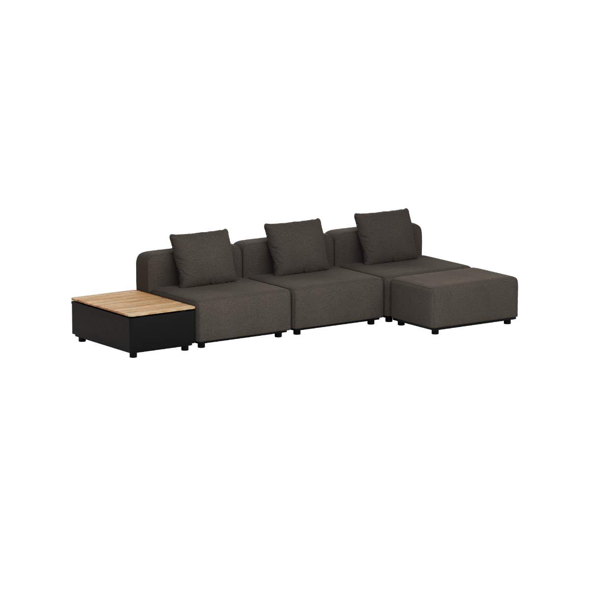 Dark gray modular outdoor lounge sofa with soft cushions and chaise section beside a teak topped patio storage table by sackit Europe