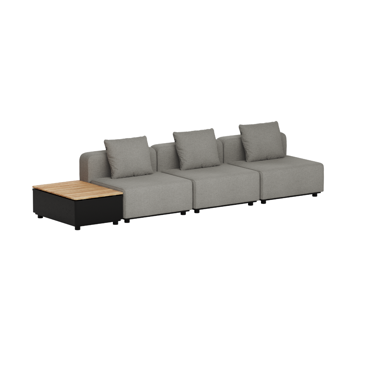 Gray three seat modular outdoor lounge sofa with cushions and attached teak patio storage table by sackit designed in Denmark for Nordic weather