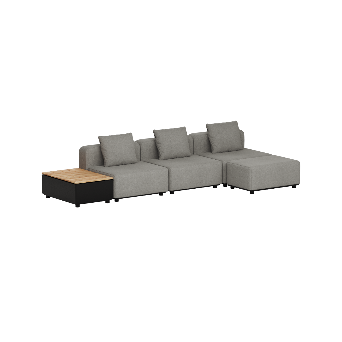 Grey modular outdoor sofa with three seats and a teak patio storage table designed in Denmark for stylish weather resistant living by sackit
