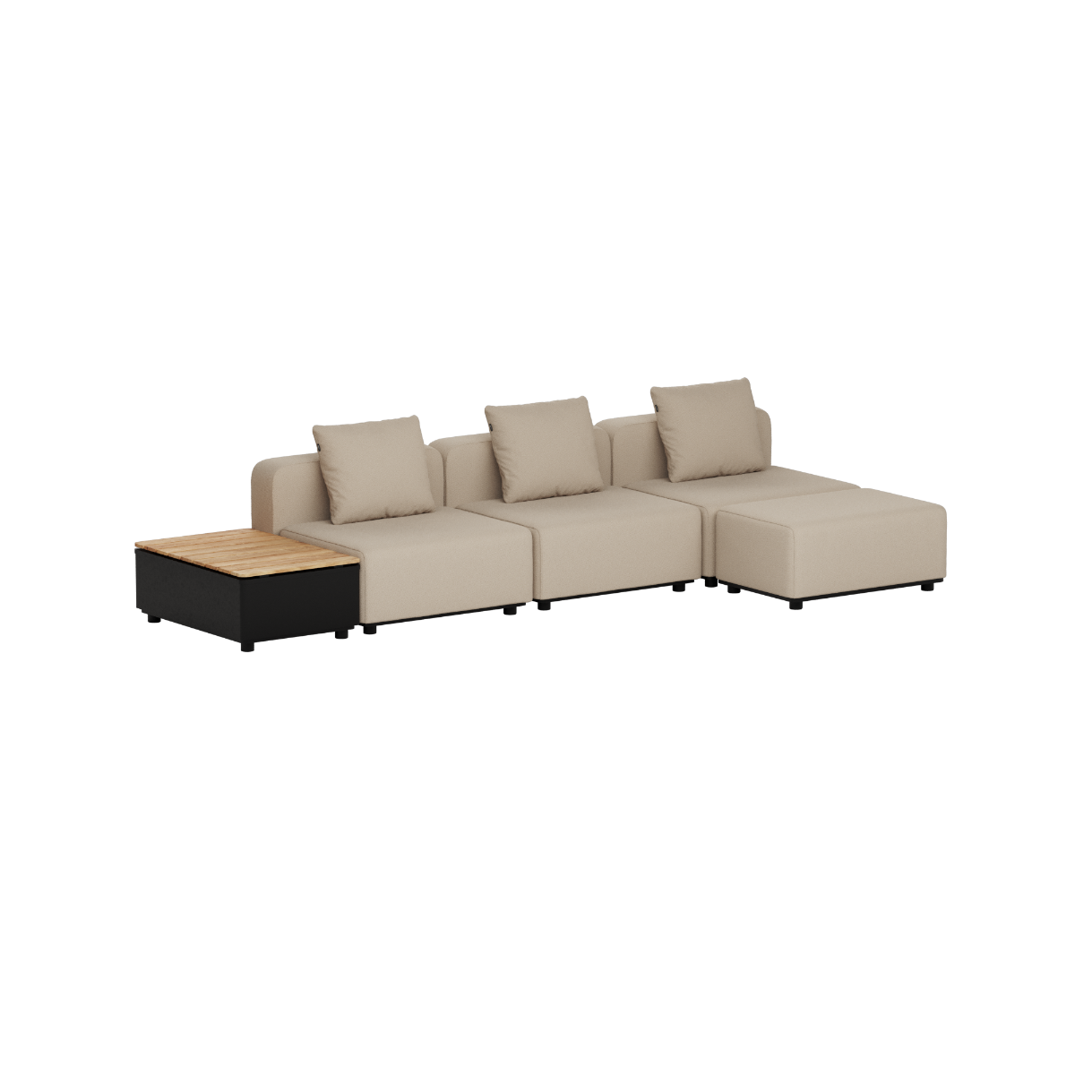 Beige modular outdoor lounge sofa with three cushions and attached teak patio table by sackit for Scandinavian gardens and terraces