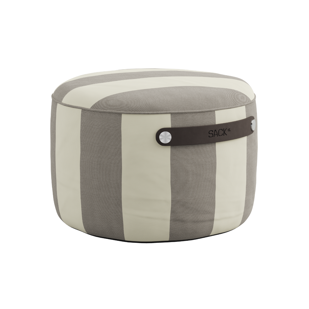 Striped outdoor pouf in cream and grey with a rounded shape and black leather carry handle by sackit for Nordic weather