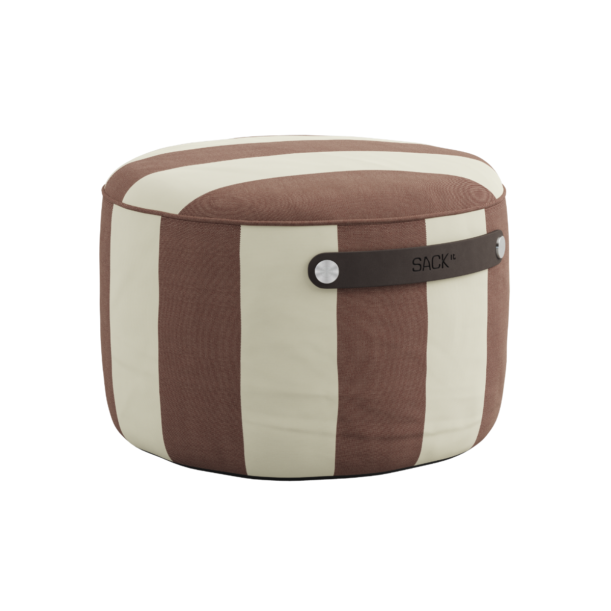 sackit outdoor pouf in brown and cream vertical stripes with a rounded shape and practical carry handle