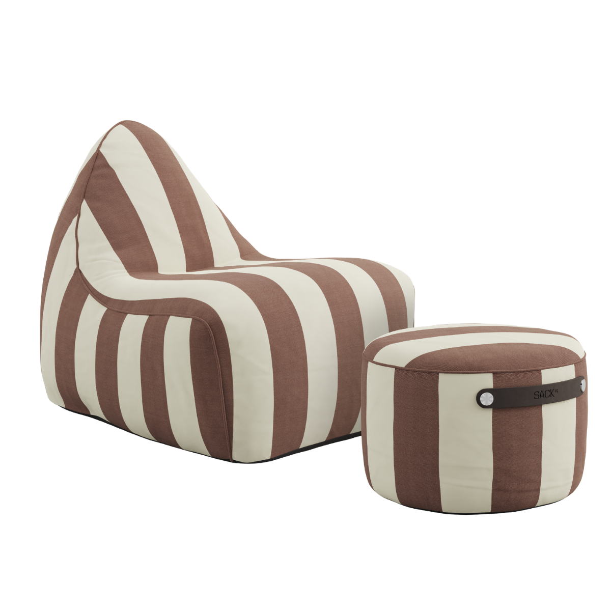 sackit outdoor bean bag chair and matching pouf in brown and cream vertical stripes with a rounded lounge design