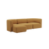 sackit Fjord three seat chaise left sofa in warm caramel upholstery with rounded cushions and a calm Scandinavian design on a black background