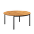 Round outdoor dining table with teak wood top and powder-coated aluminum legs