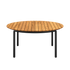 Round outdoor dining table with teak wood top and powder-coated aluminum legs