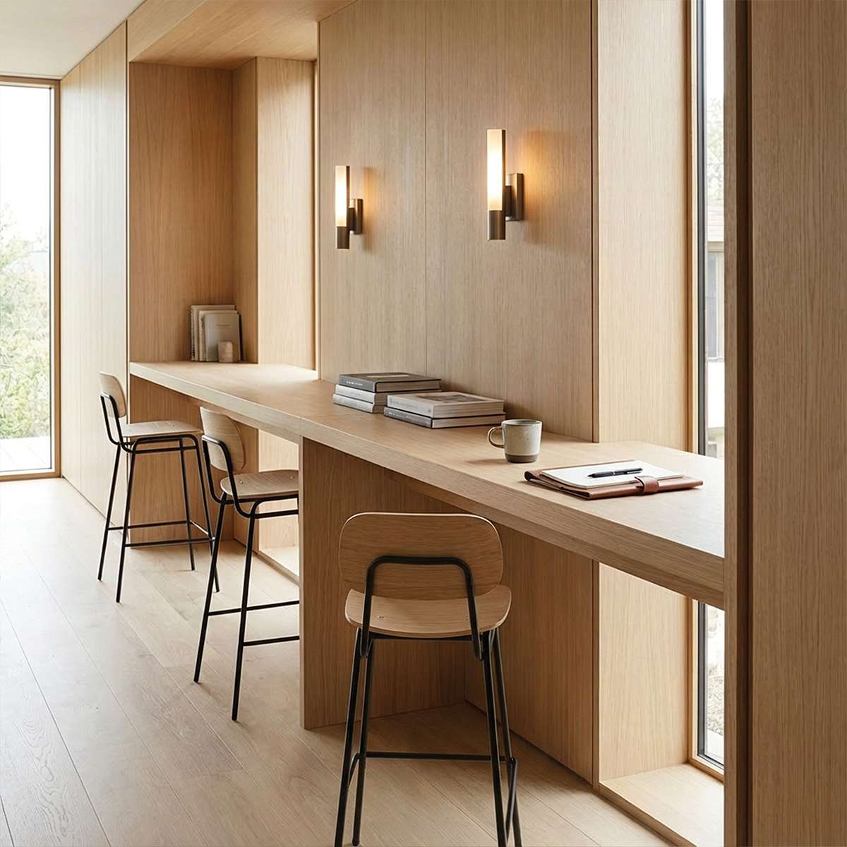 Bar stool with backrest featuring oak veneer seat and powder-coated steel frame in a clean industrial style.