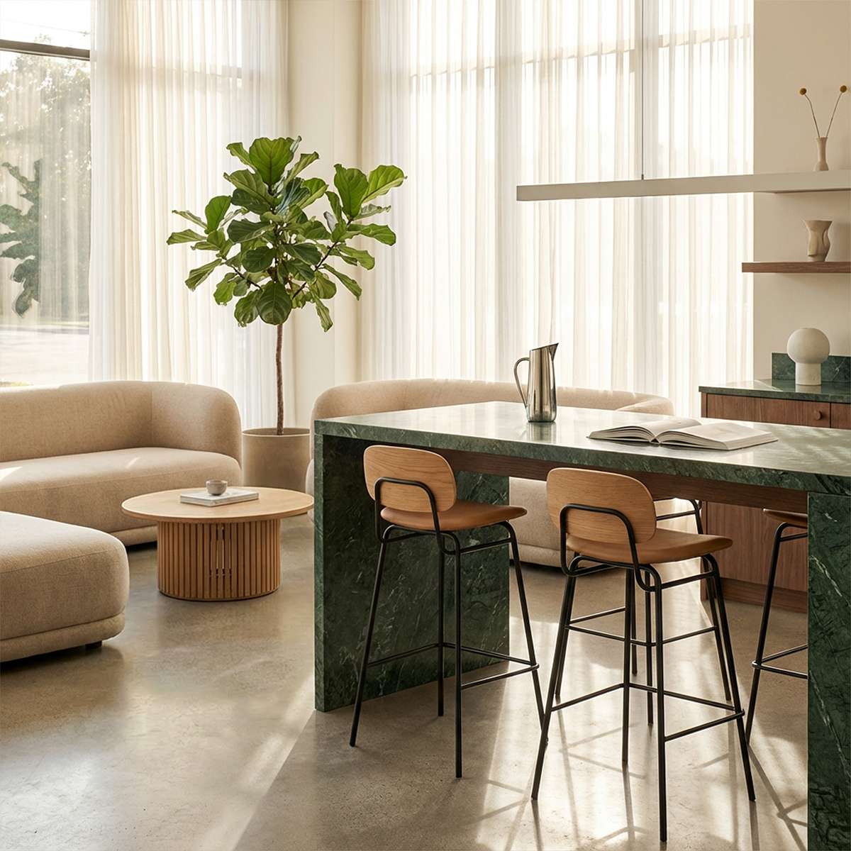 High bar stool with backrest featuring Terra Safari leather seat and black powder-coated steel frame.