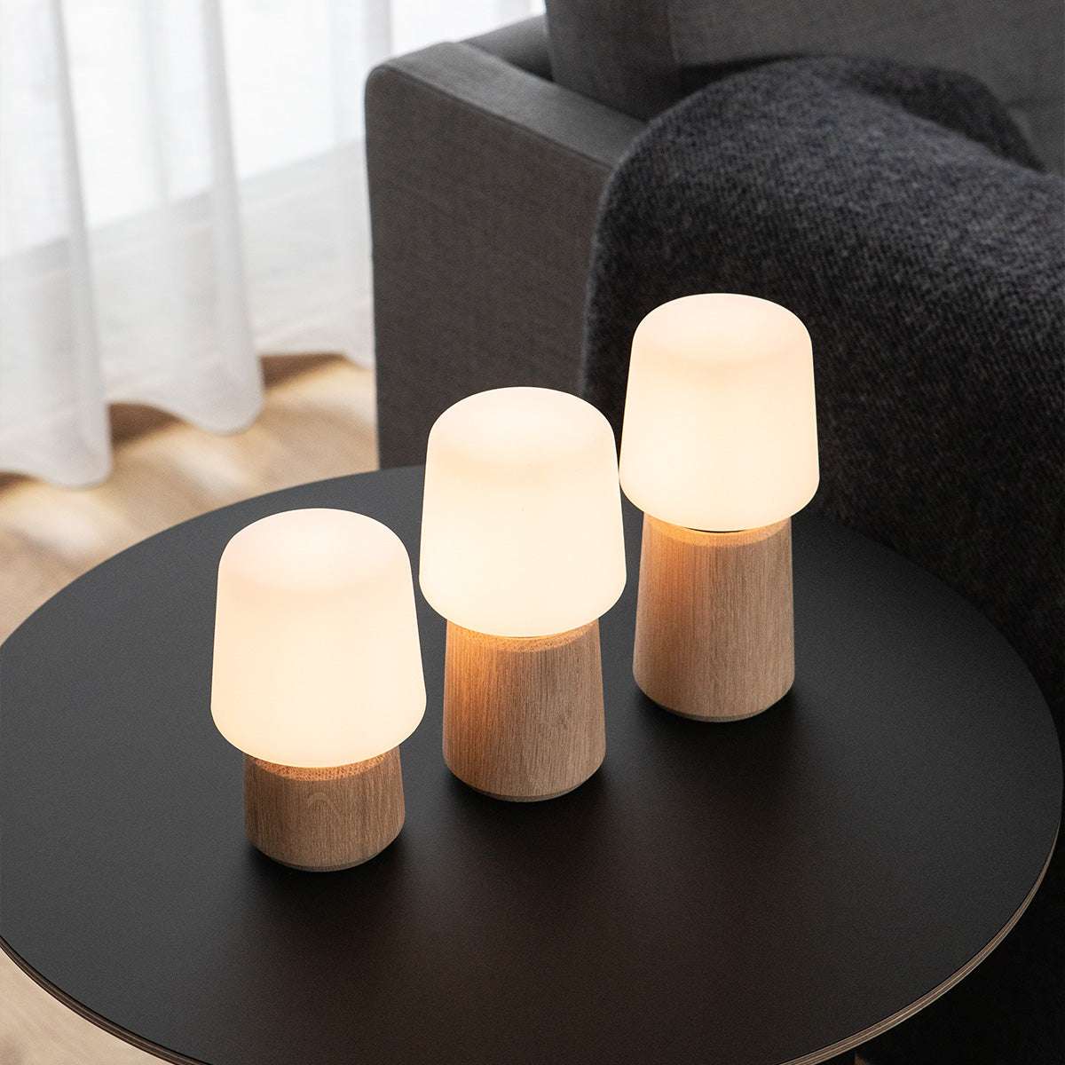 Ambience Lamp Intelligent+ with Oslo solid oak base in size 8, modern indoor lighting with wooden stand