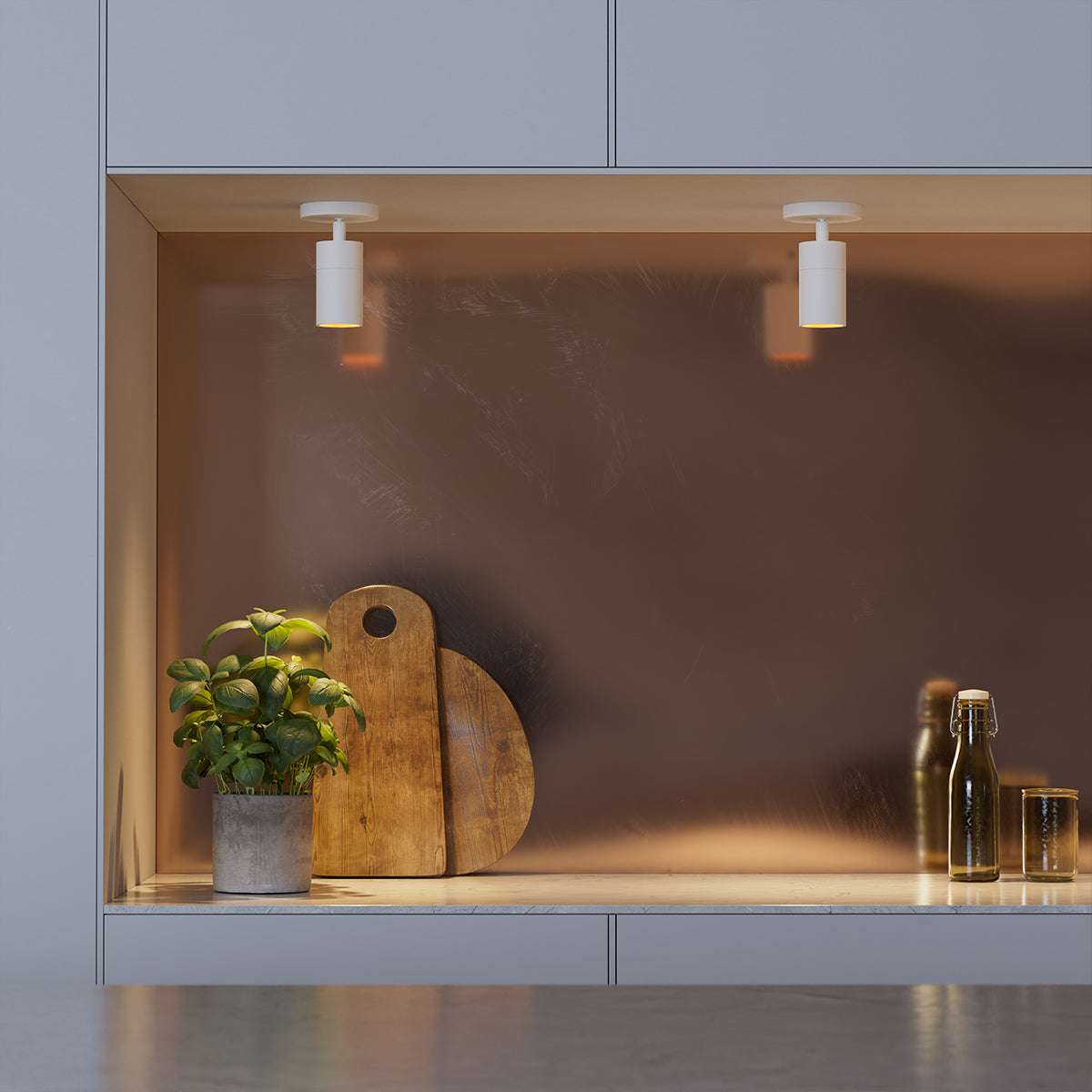 White Expo Ceiling light with aluminum base mounted on a ceiling in a minimalist setting.