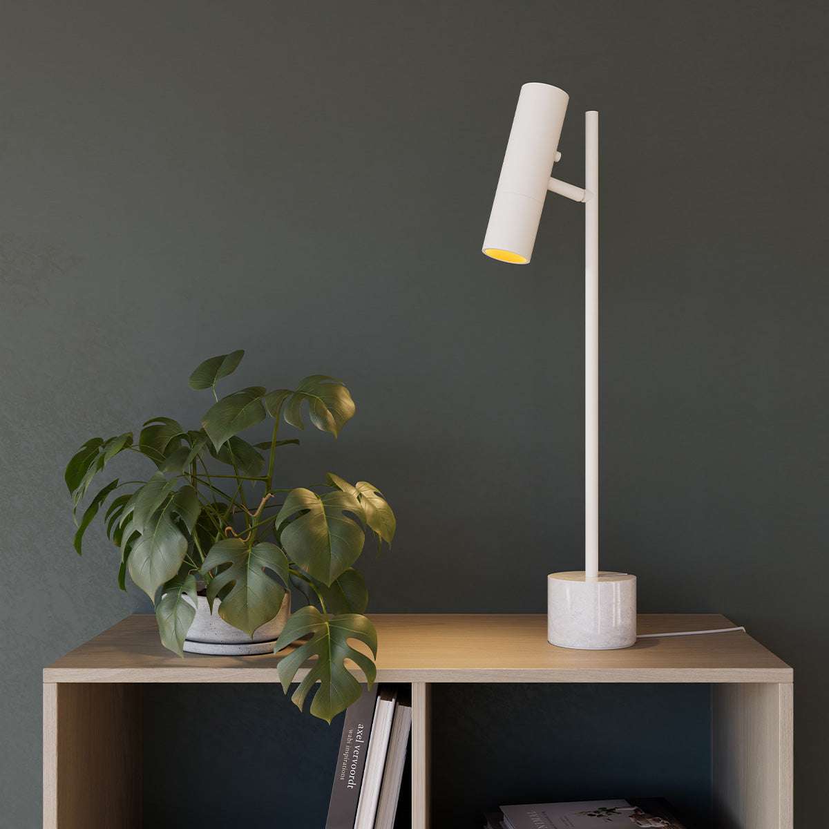 White Expo Table lamp with aluminum body and polished marble base on a light background