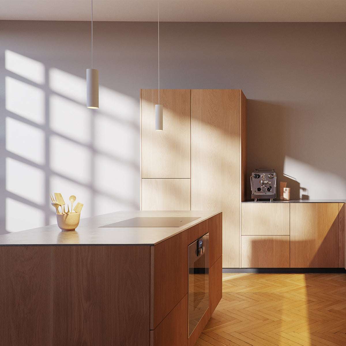 White aluminum Expo Pendant light with slim cylindrical shape and long black cord hanging indoors.