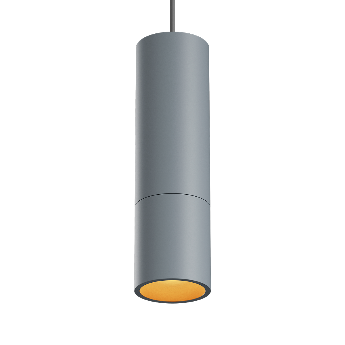 Grey aluminum Expo Pendant light with slim cylindrical design and long black cord hanging against white background