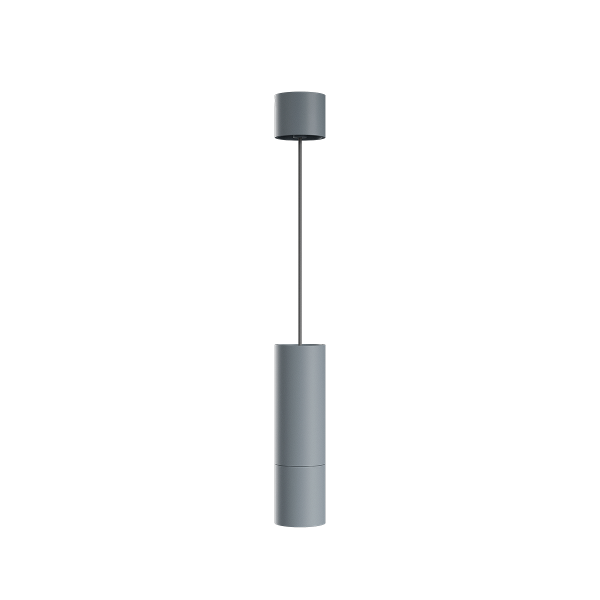 Grey aluminum Expo Pendant light with slim cylindrical shape and long black cord hanging against white background