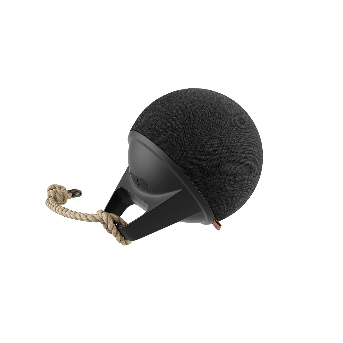 Black Play Bluetooth speaker with hemp rope handle and silicone buttons on white background
