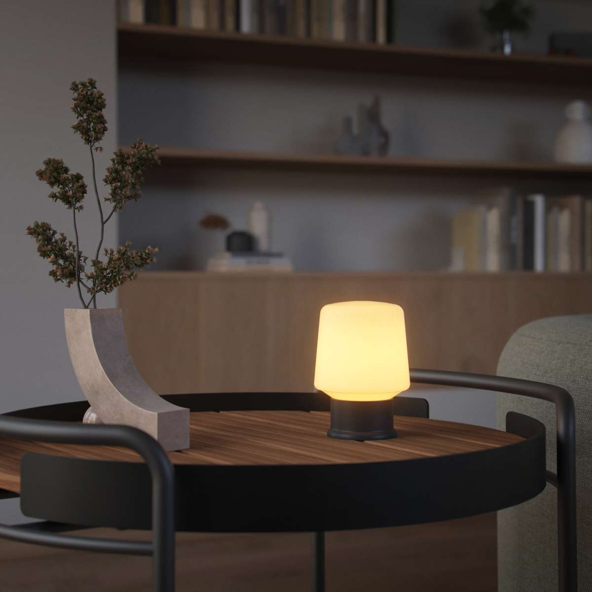 Compact anthracite Ambience Lamp Intelligent+ with rounded shade and base, designed for indoor and outdoor use.