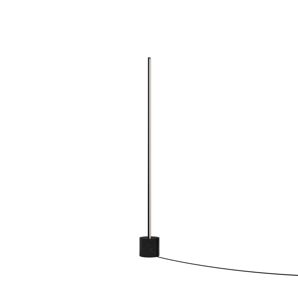 Black SACKit Expo 120 floor lamp with slim aluminum body and marble base emitting soft upward LED light