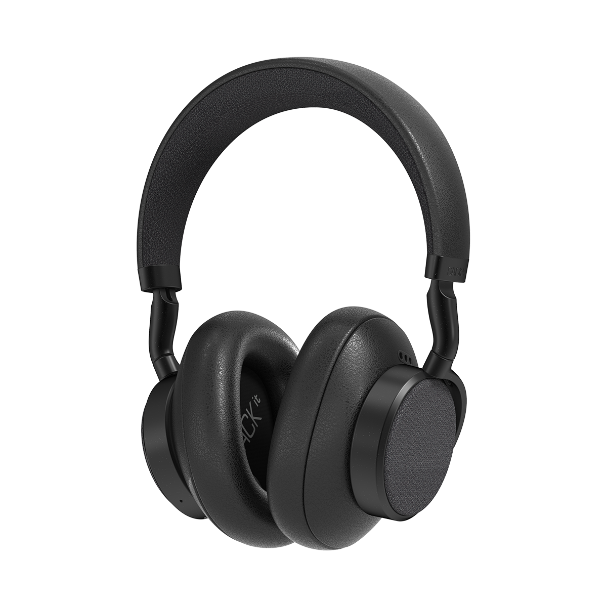 Black SACKit Touch 410 wireless headphones with PU-leather and fabric earcups on white background