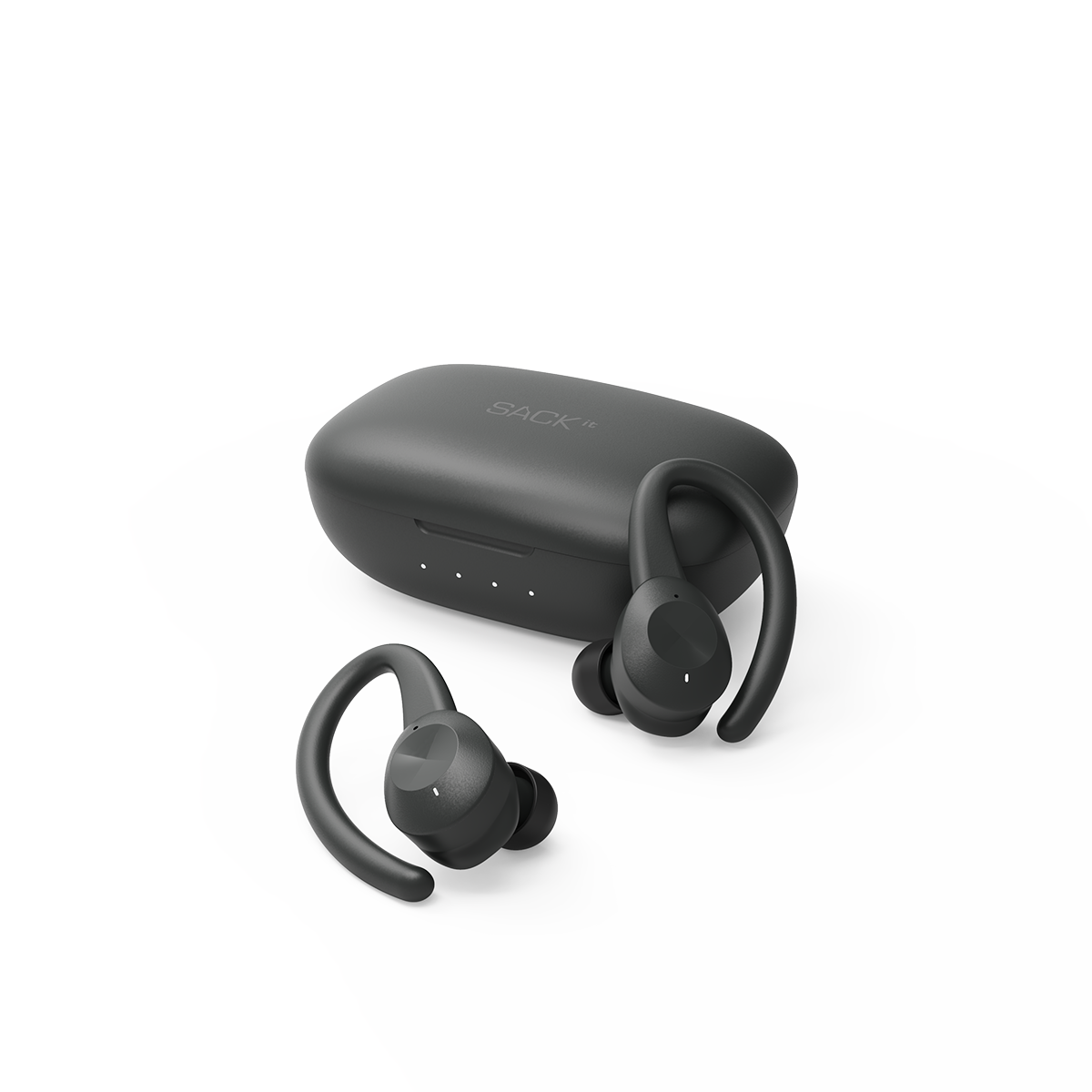 Black Active 200 wireless earbuds with charging case on white background