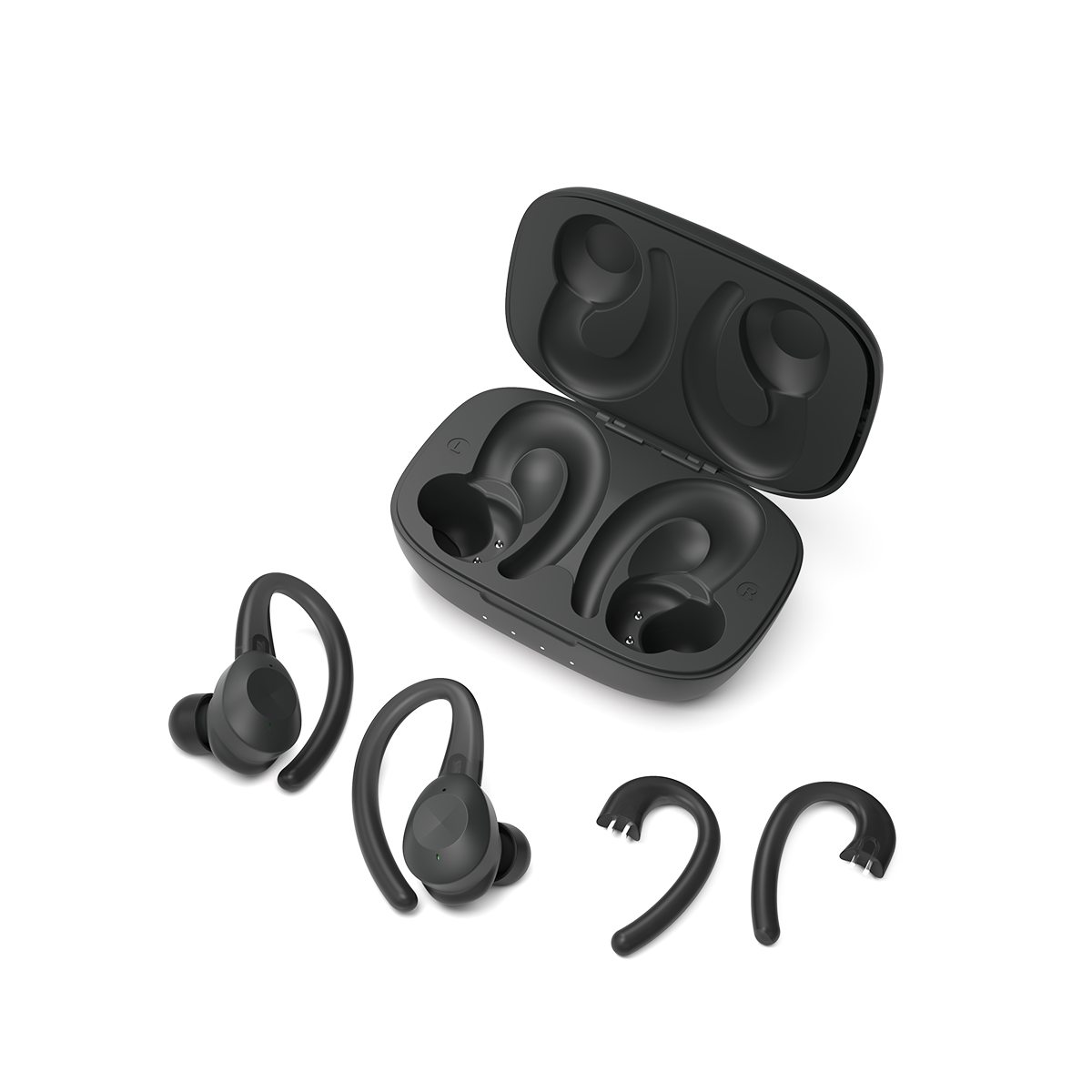 Active 200 wireless earbuds with charging case in black and gray on white background