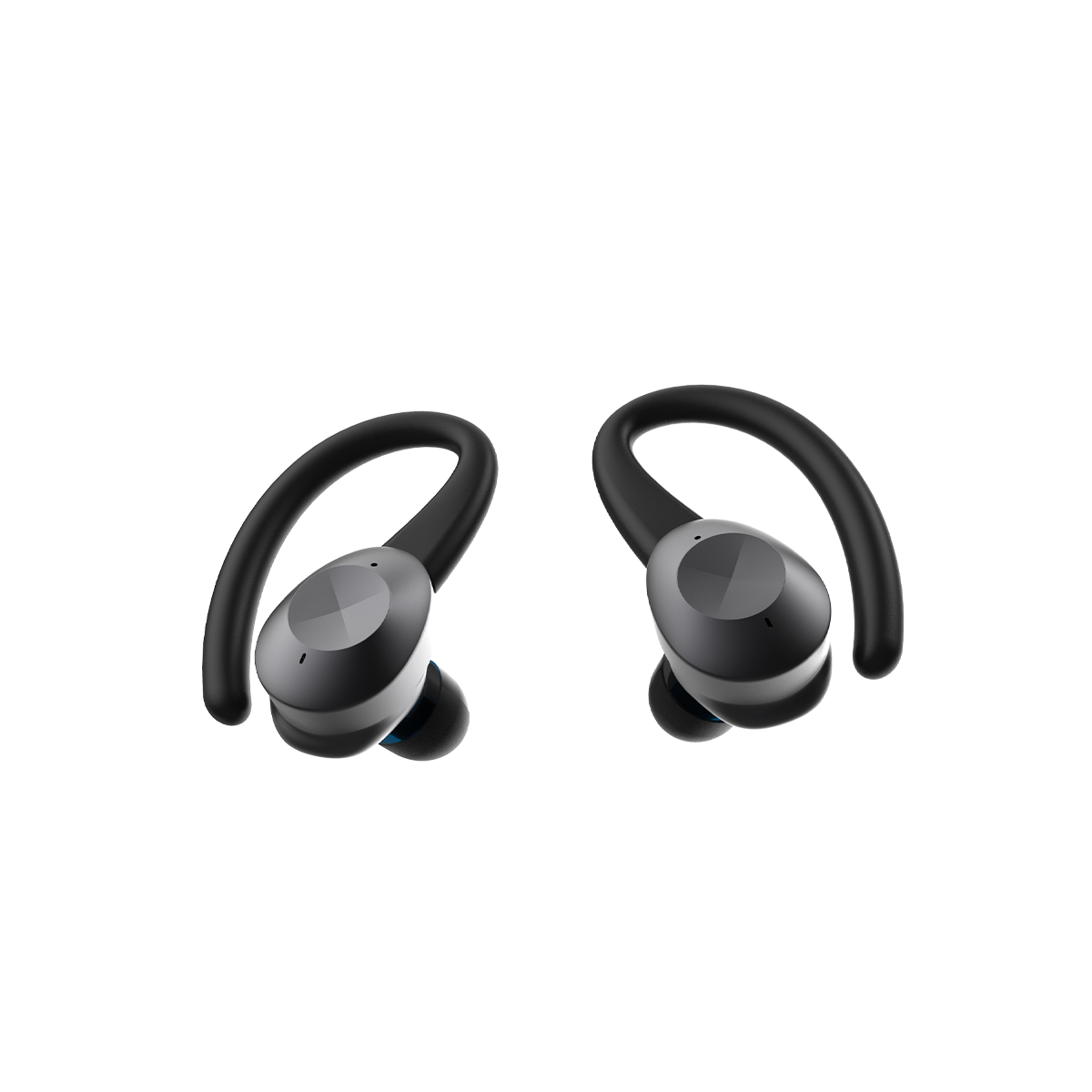 Wireless Active 200 earbuds with charging case in black and gray on a white background