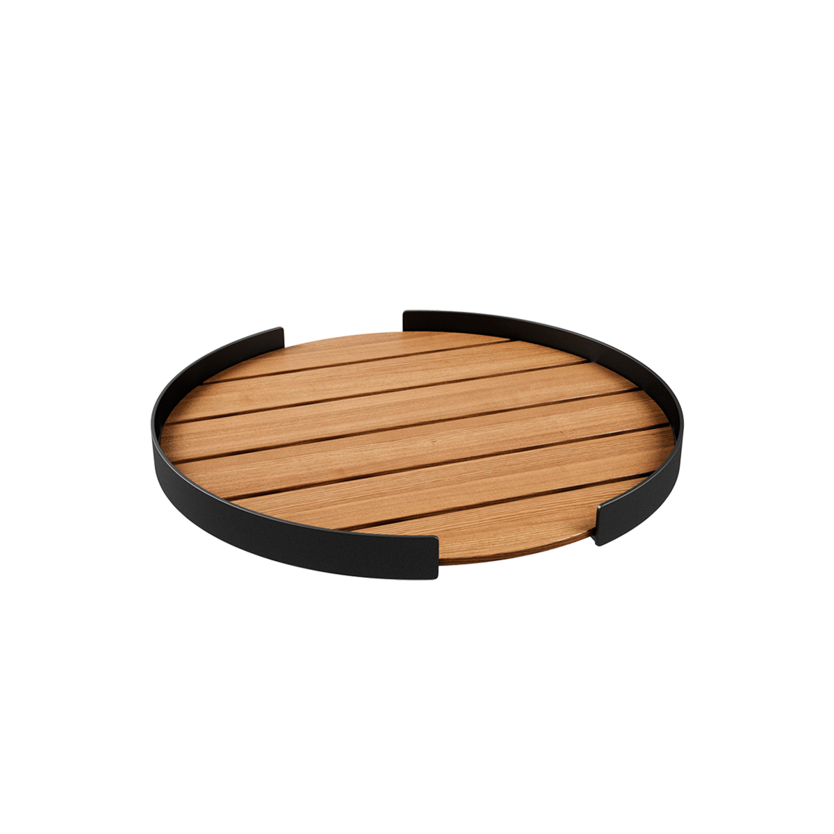Rectangular teak wood patio serving tray with powder-coated aluminum frame on white background