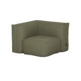 Sand weather resistant cover fitted over a Soft Sofa outdoor corner seat to protect it from wind and weather during winter storage