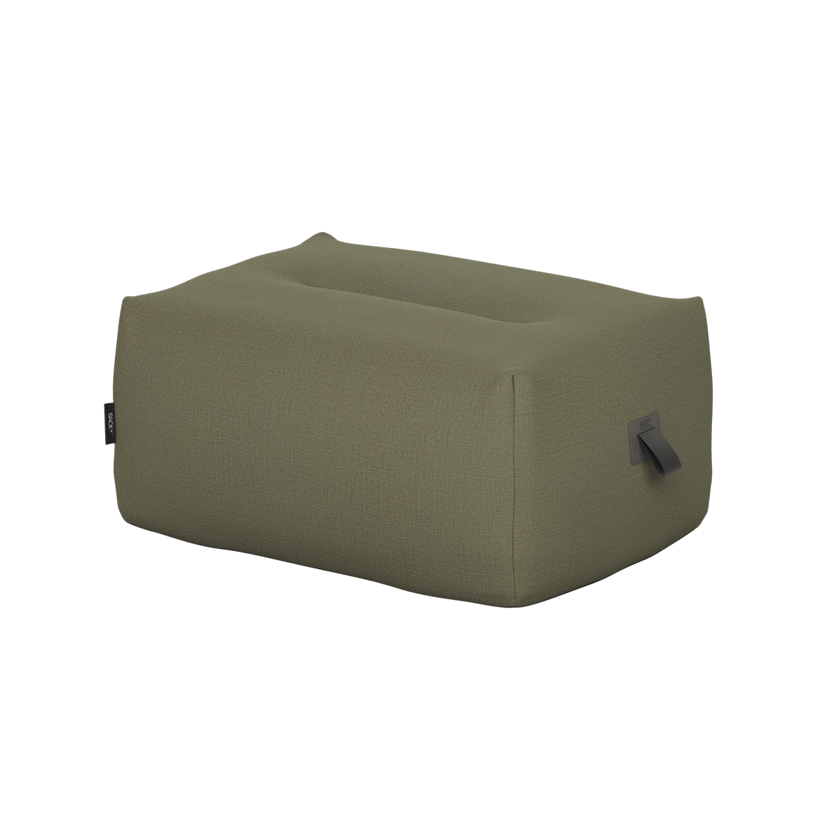 Olive green water repellent cover fitted over an outdoor pouf with a carry handle for protection from wind and weather by sackit