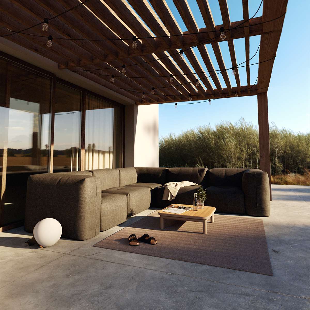 Soft Sofa Outdoor 3-seater in Kirra Noir fabric, low-profile outdoor sofa with soft cushions and strap handle