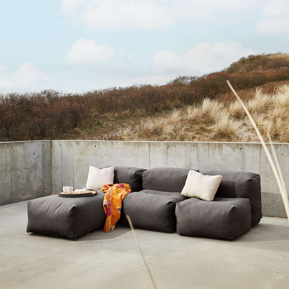 Soft Sofa Outdoor 3-seater with lounger in Kirra Noir fabric, designed for comfortable outdoor living.