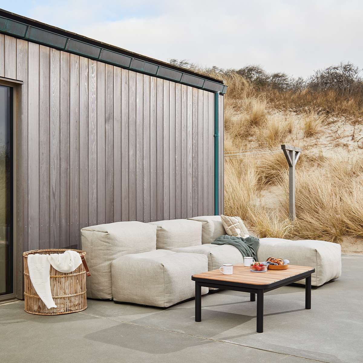 Soft Sofa Outdoor 3-seater with lounger in Kirra Sand fabric, set for outdoor use